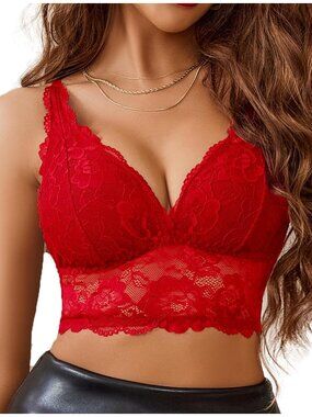 Women's Red Lace Bralette Adjustable Lingerie No Padded Bra Racerback Crop Top